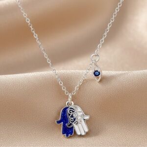 Elegant Silver and Blue Hamsa Necklace